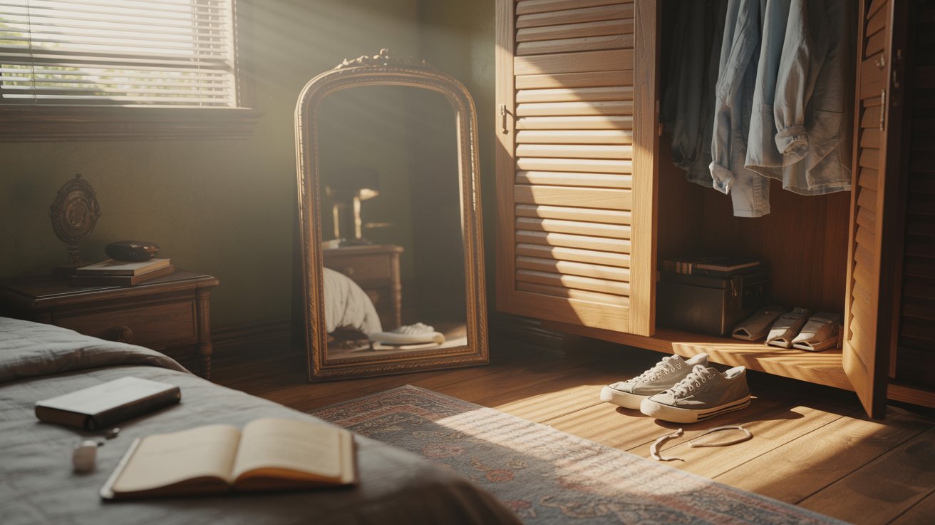 "Empty reflection in a mirror with personal belongings symbolizing identity and self-discovery."