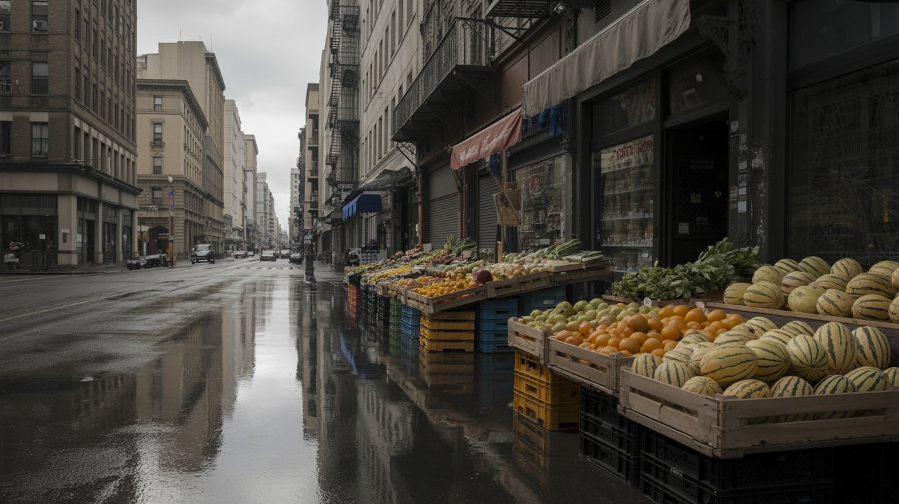 "Grayscale city street with wet roads and muted buildings showing a world without colour."