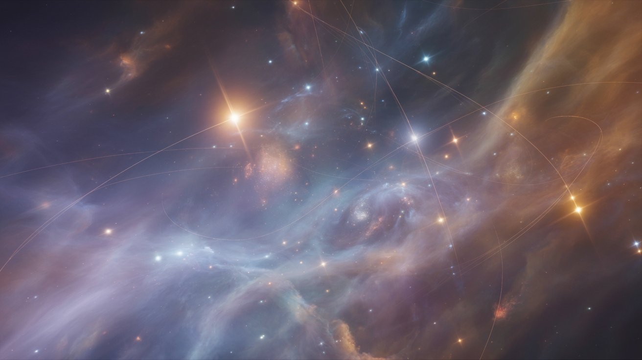 "Deep space filled with glowing stars and nebula clouds creating a vast, silent cosmic atmosphere."