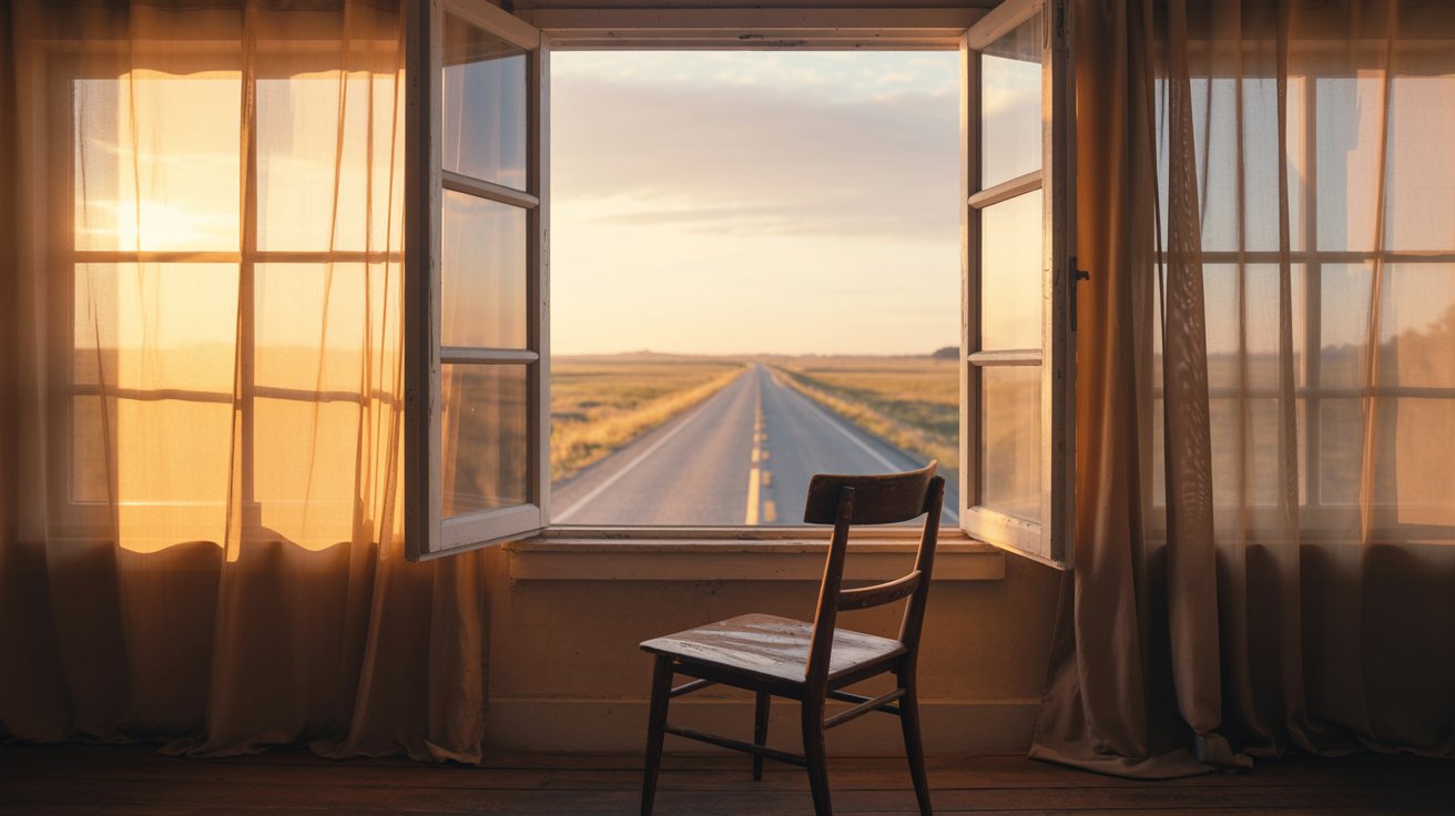 "Open window overlooking a long empty road at sunrise symbolizing the idea of freedom and possibility."
