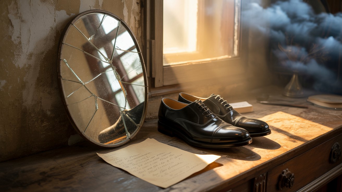 "Cracked mirror, polished shoes, and sunlight symbolizing a life-changing moment that built confidence."