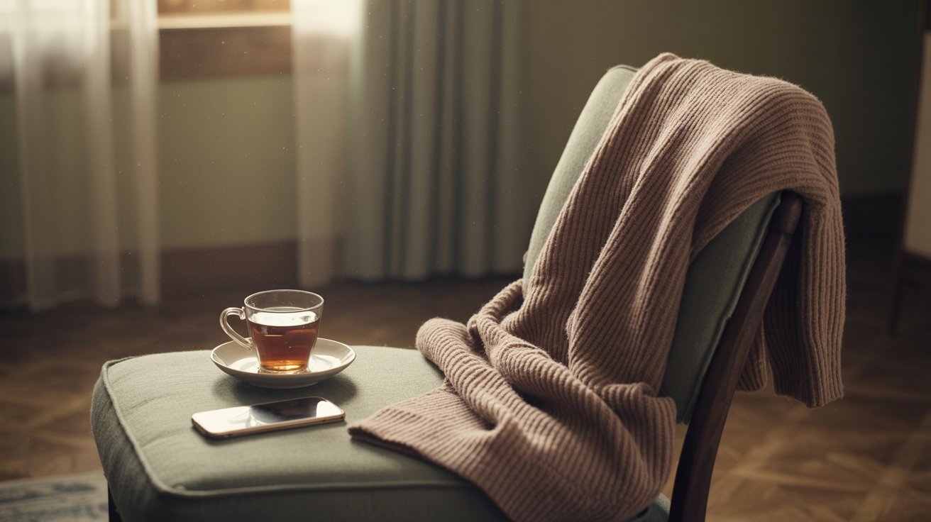 "Empty room with a sweater, phone, and fading sunlight symbolizing the feeling of missing someone deeply."