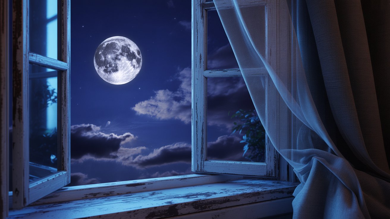 moon glowing through a house window on a calm and silent night."