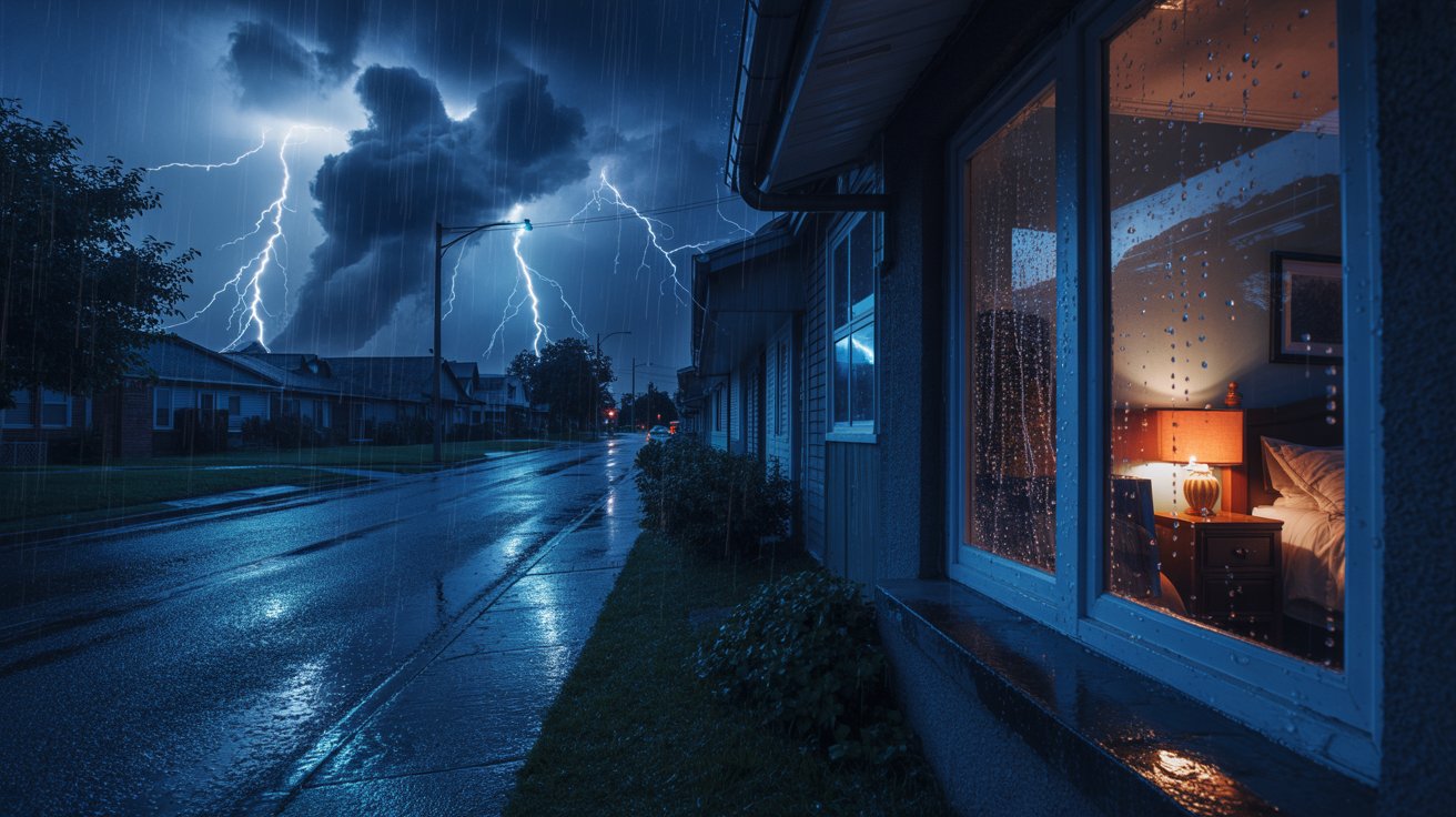 "Midnight thunderstorm with lightning and rain creating a dramatic and emotional nighttime atmosphere."