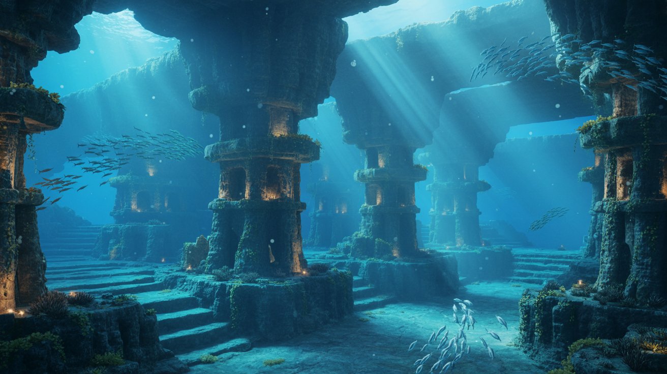 "Ancient underwater kingdom with glowing coral structures and sun rays filtering through deep ocean water."