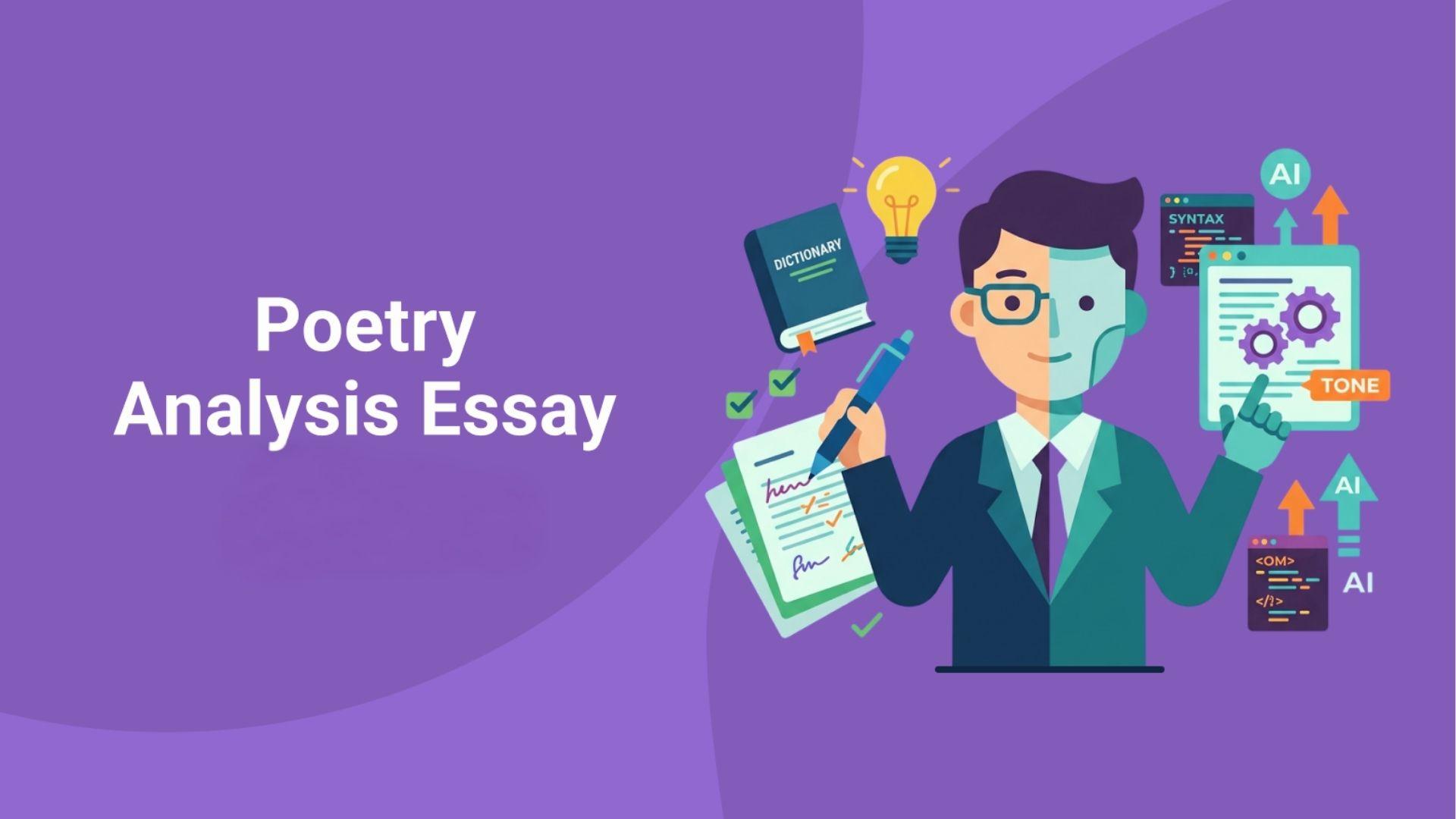 Illustration of student analyzing poetry essay with dictionary, lightbulb, and AI tools for academic writing help