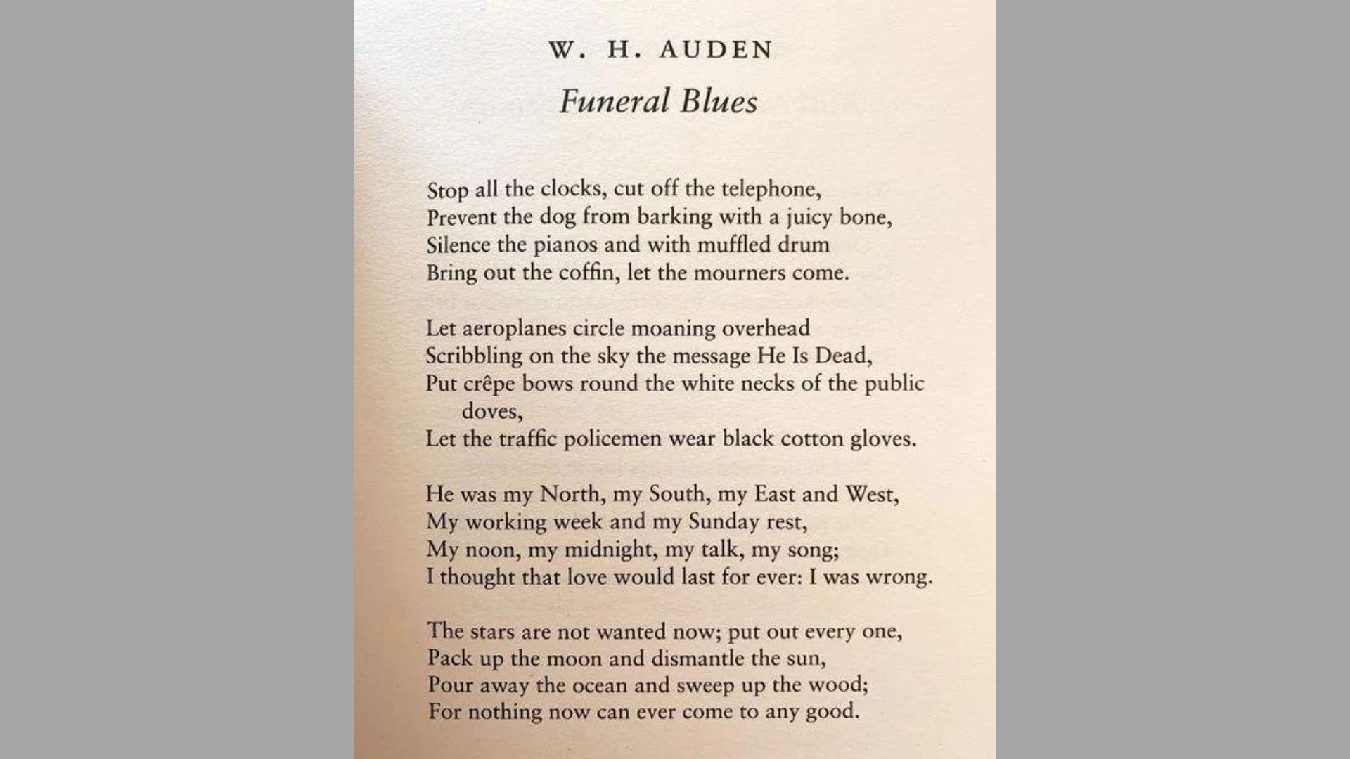 W.H. Auden's "Funeral Blues" poem, "Stop all the clocks," printed on aged paper, mourning, love, grief imagery