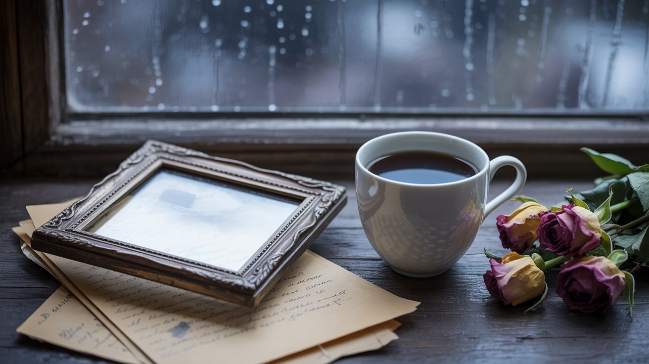 "Rainy window scene with wilted flowers and old letters symbolizing heartbreak and emotional loss."