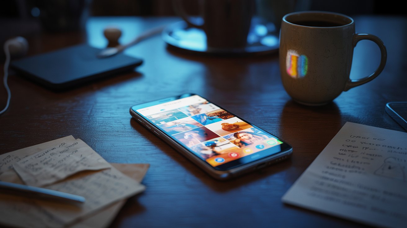 "Glowing smartphone on a dark desk casting light on an empty room symbolizing social media and loneliness."