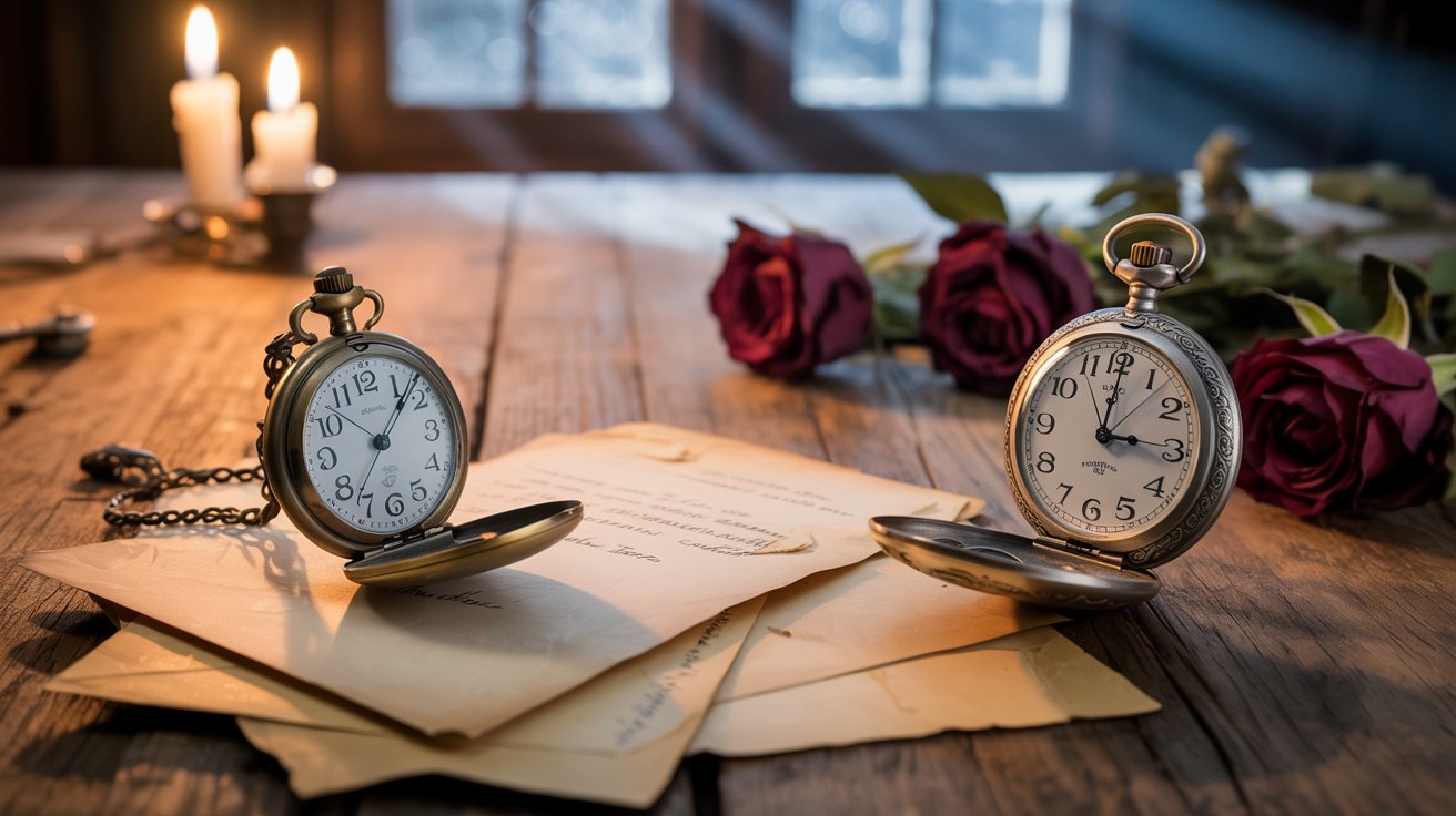 "Antique pocket watches, faded letters, and candlelight symbolizing soulmates separated by time and fate."