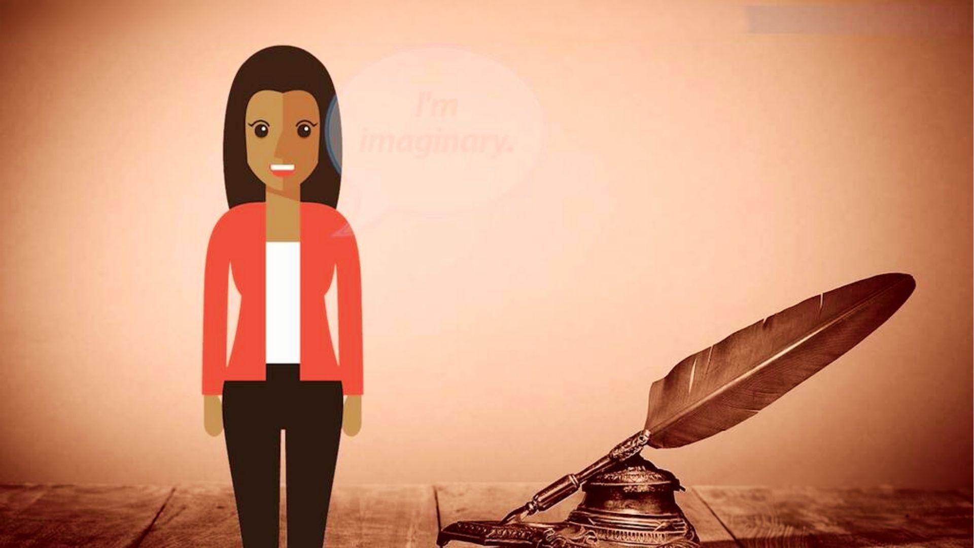 Cartoon illustration of woman in red cardigan standing beside vintage quill pen with imaginary text on wall