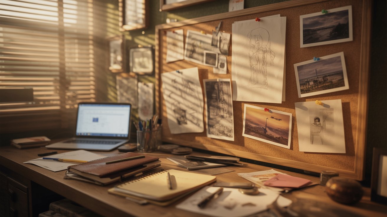 "Vision board and unfinished desk workspace in soft light symbolizing the gap between dreams and reality."