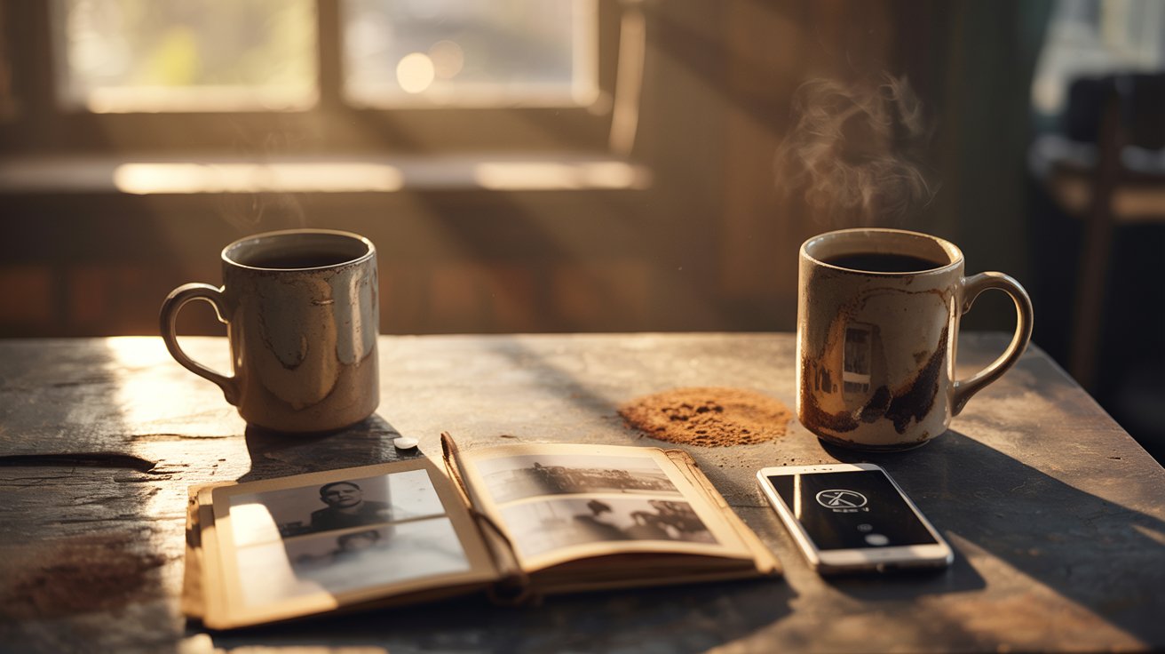 "Dusty coffee mugs, old photos, and unopened messages symbolizing a friendship that quietly faded away."