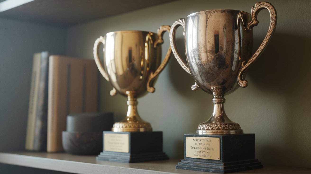 "Two trophies on a shelf with contrasting light symbolizing jealousy and comparison between friends."