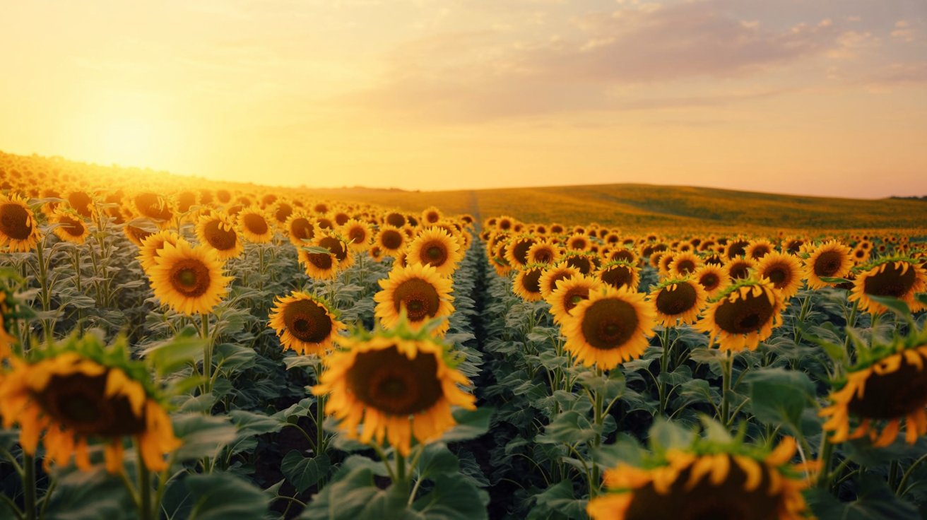 "Golden sunflower field glowing in summer sunlight with a peaceful and uplifting countryside atmosphere."