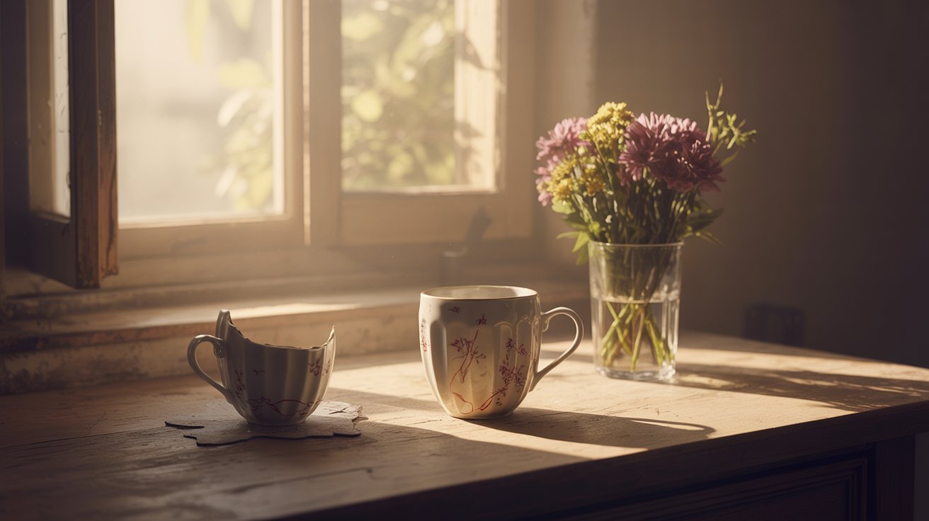"Repaired cup beside fresh flowers in soft morning light symbolizing love after heartbreak."