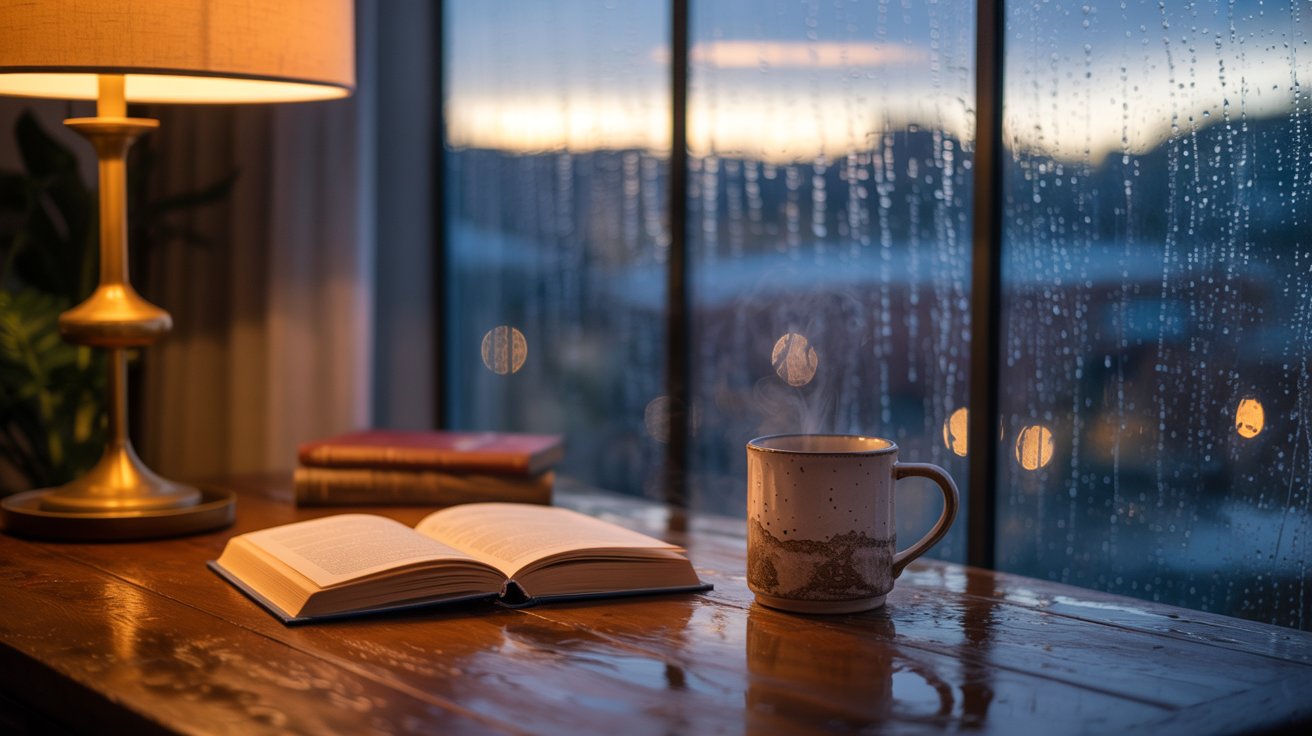 "Rain falling on a window beside warm tea and an open book creating a calm and reflective atmosphere."