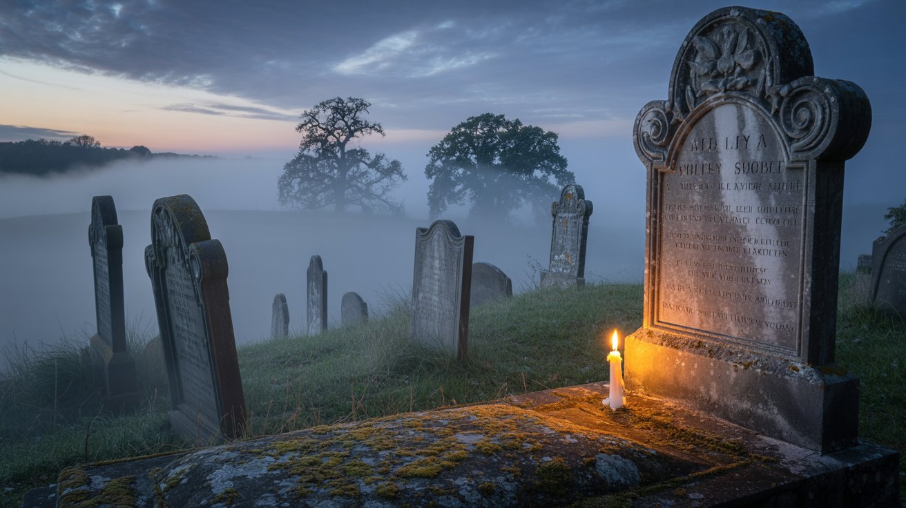 "Quiet misty cemetery at twilight with a glowing candle symbolizing reflection on life after death."