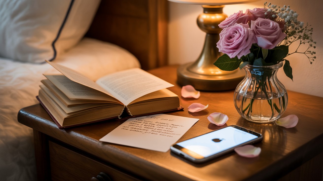 "Romantic bedside scene with flowers, an open book, and soft lighting symbolizing first love emotions."
