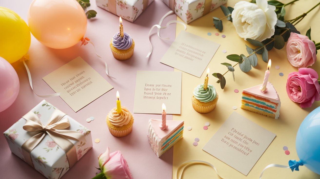 Colorful birthday collage with poetry cards, cupcakes, balloons, gifts, flowers, candles, and pastel decorations.