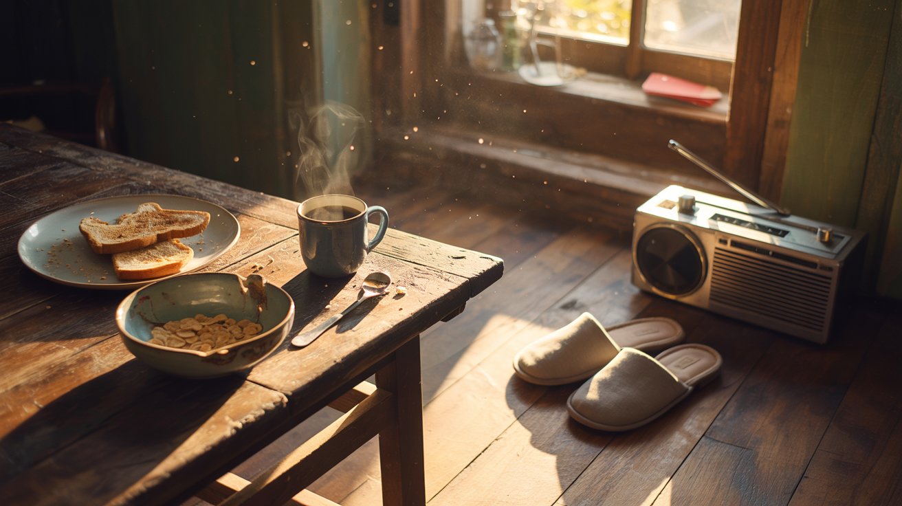 "Half-eaten meal on a quiet table in warm sunlight capturing a small, human everyday moment."