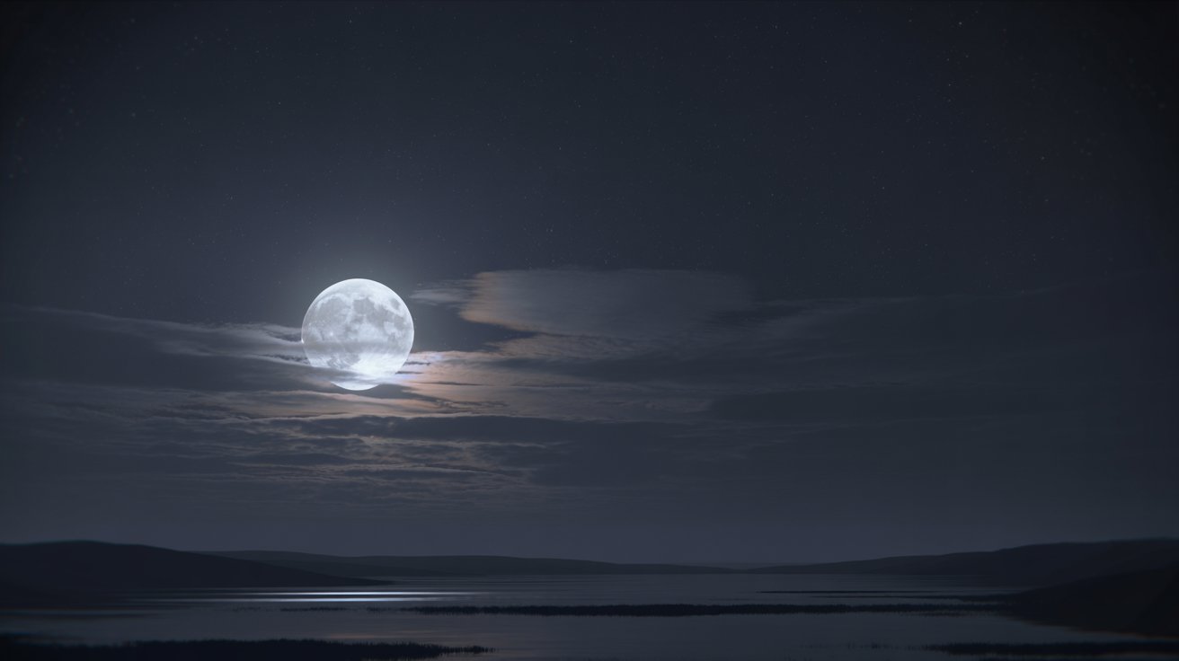 "Bright full moon over a quiet landscape with soft glowing clouds creating a mysterious conversational atmosphere."