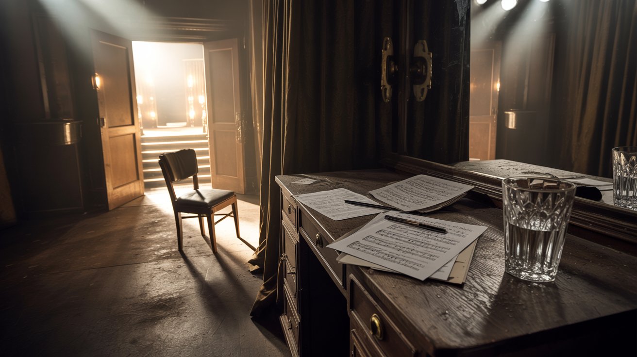 "Empty backstage room with dramatic lighting capturing anxiety before an important moment."