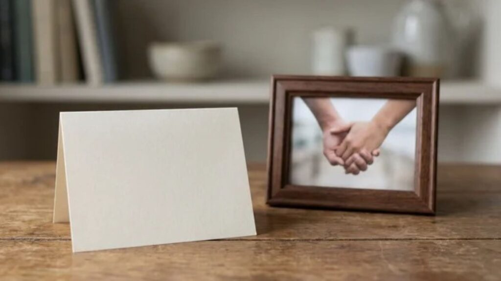 Folded blank note card and framed photograph on a wooden table