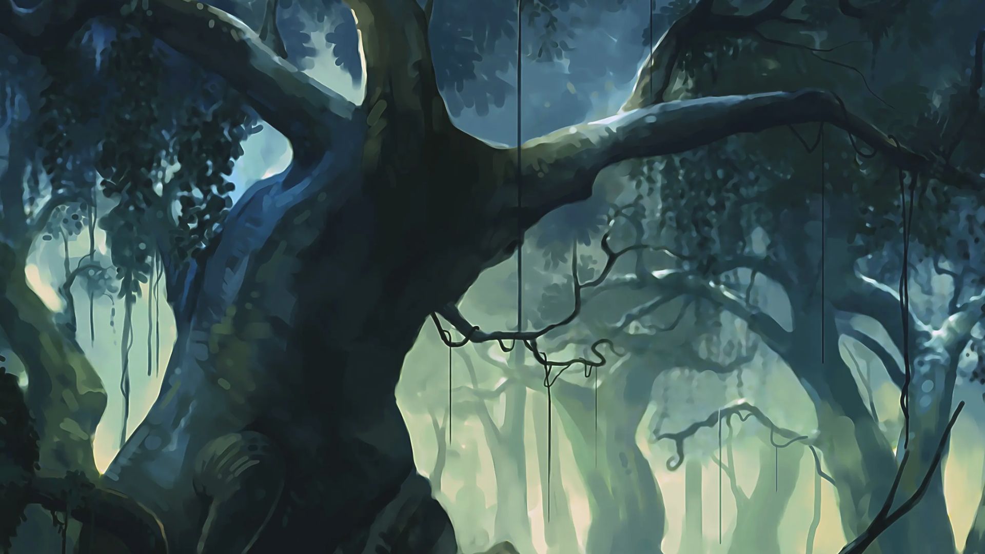 Towering twisted trees in a misty dark forest with eerie blue light