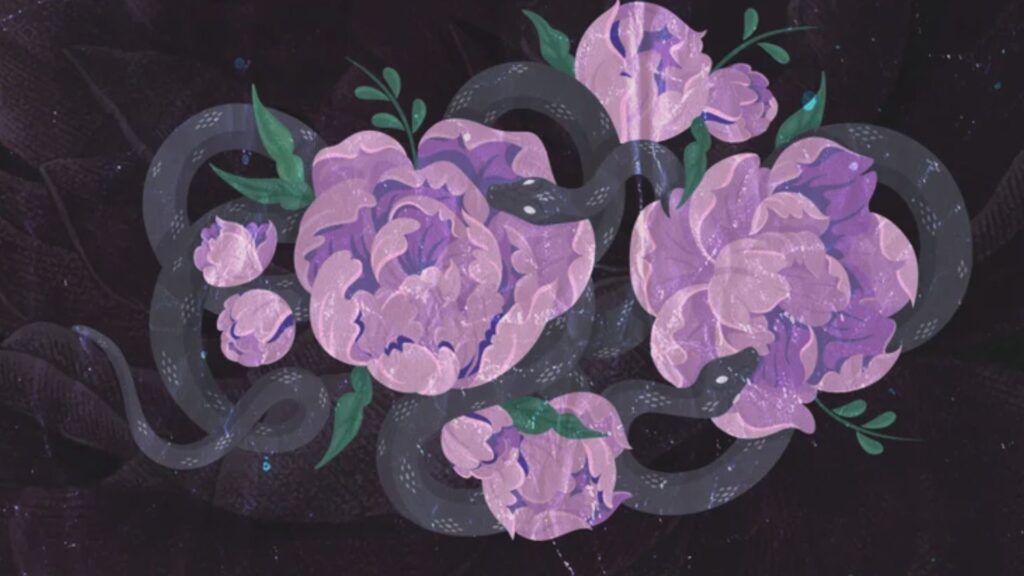 Dark snakes coiling through blooming pink peonies on black background