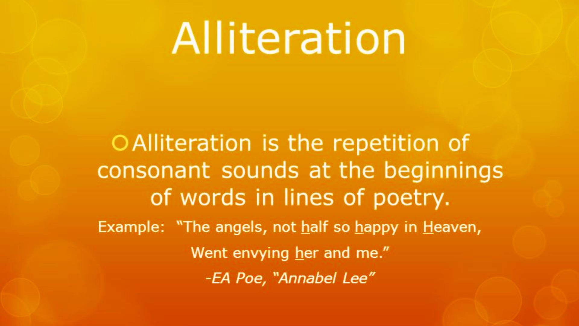 Orange gradient slide with bokeh effect defining alliteration as repetition of consonant sounds at word beginnings.
