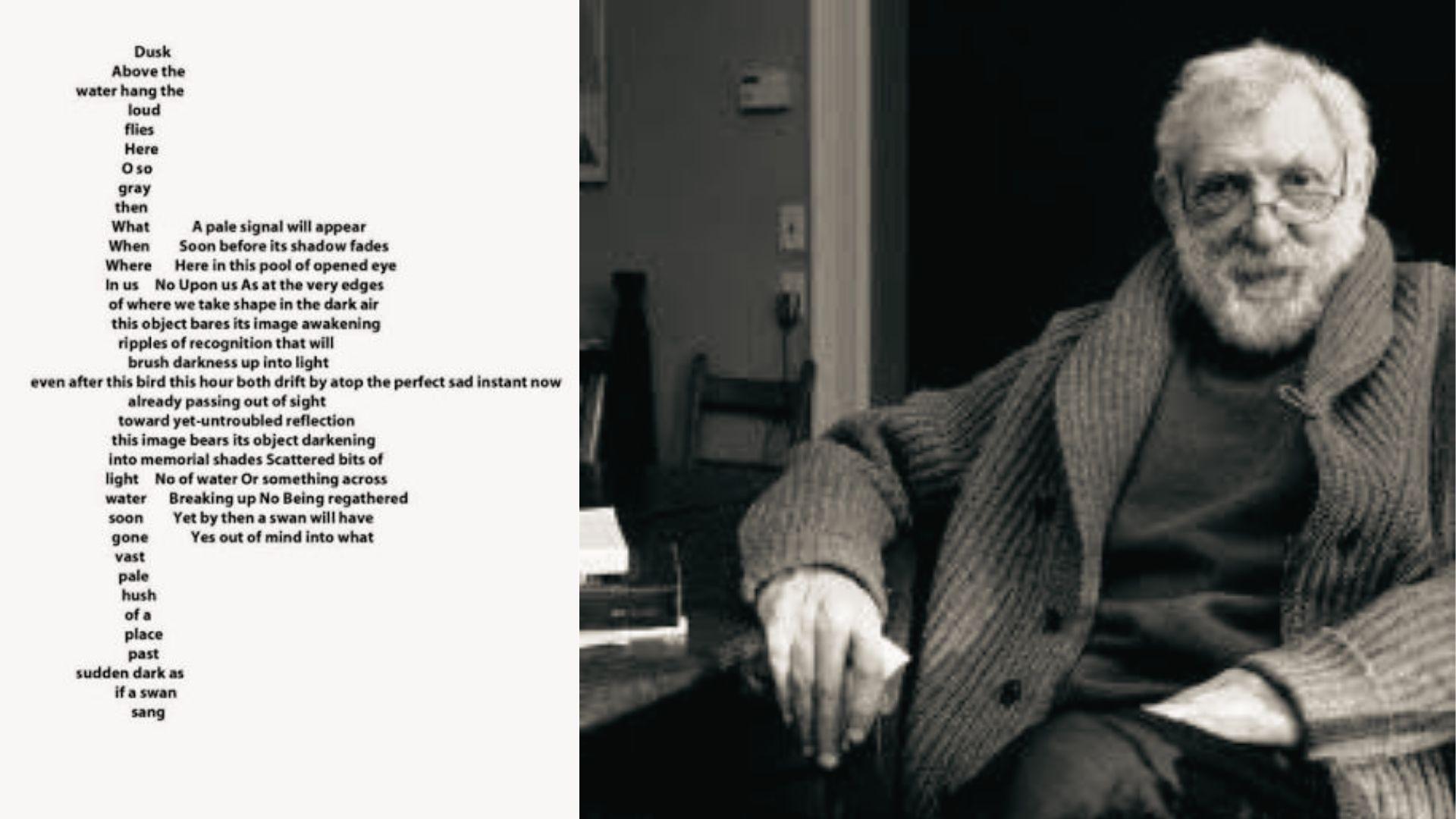 Robert Bly poem shaped like a swan beside black and white photo of the poet seated.
