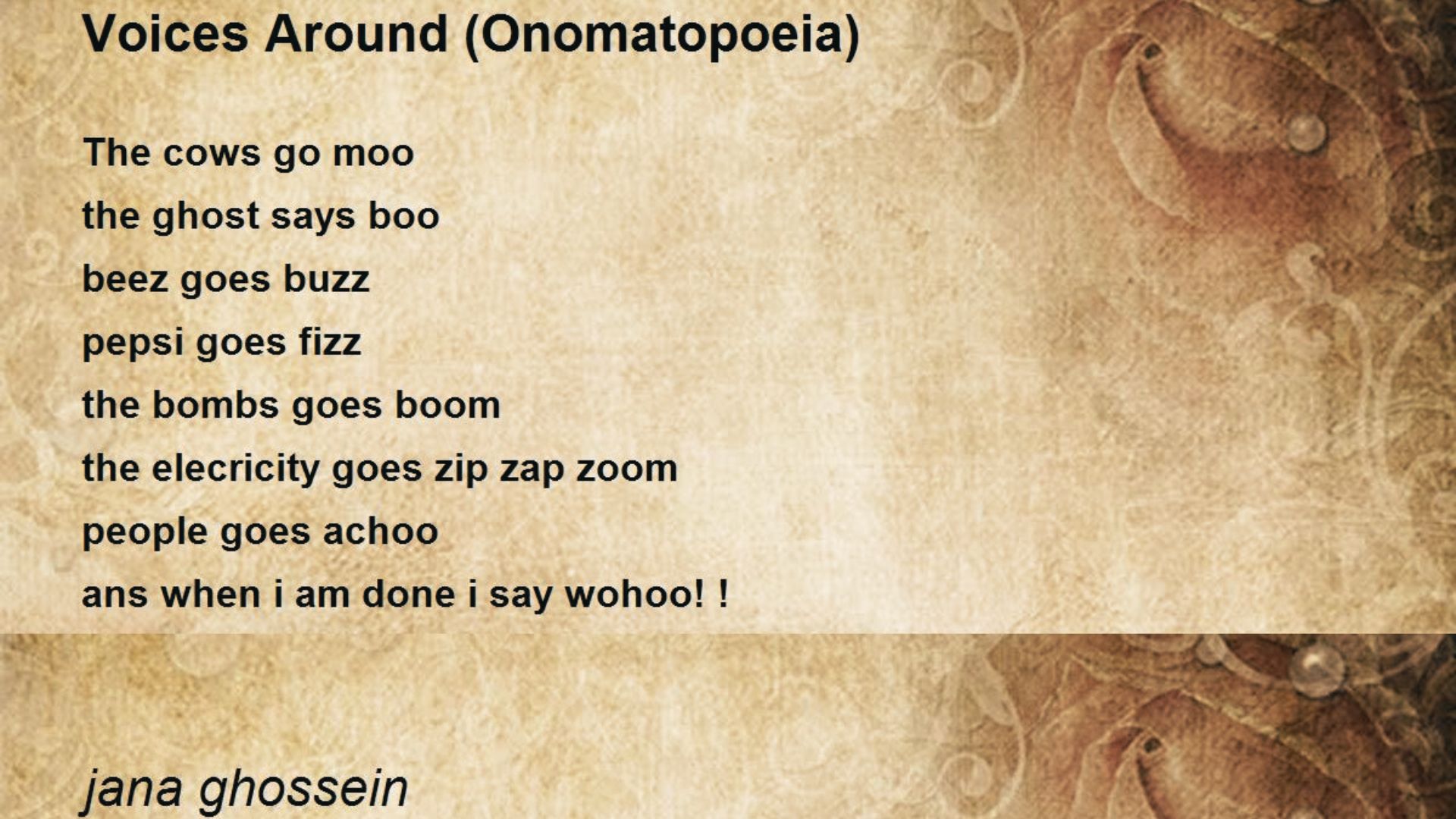 Poem titled “Voices Around (Onomatopoeia)” by Jana Ghossein listing sound words like “moo,” “boom,” and “fizz”.