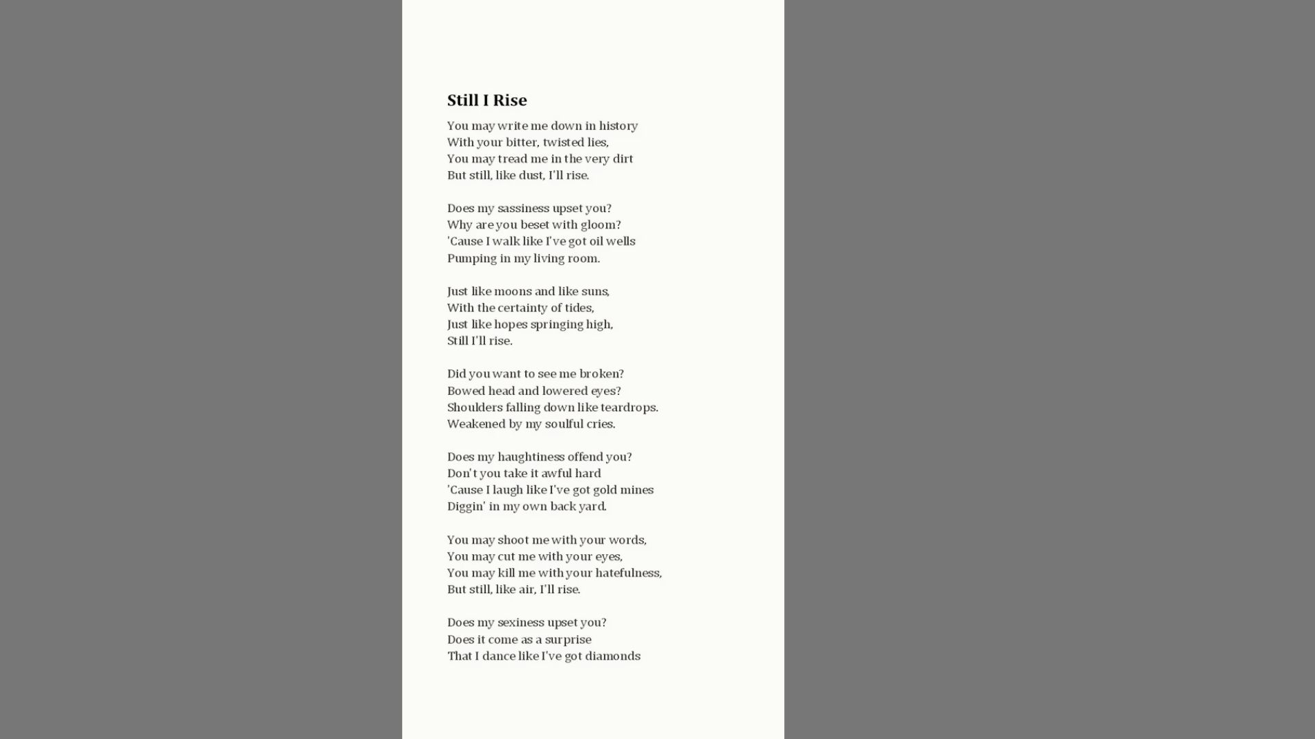 Maya Angelou’s poem “Still I Rise” in typewriter font on aged paper, with the title in large bold letters.