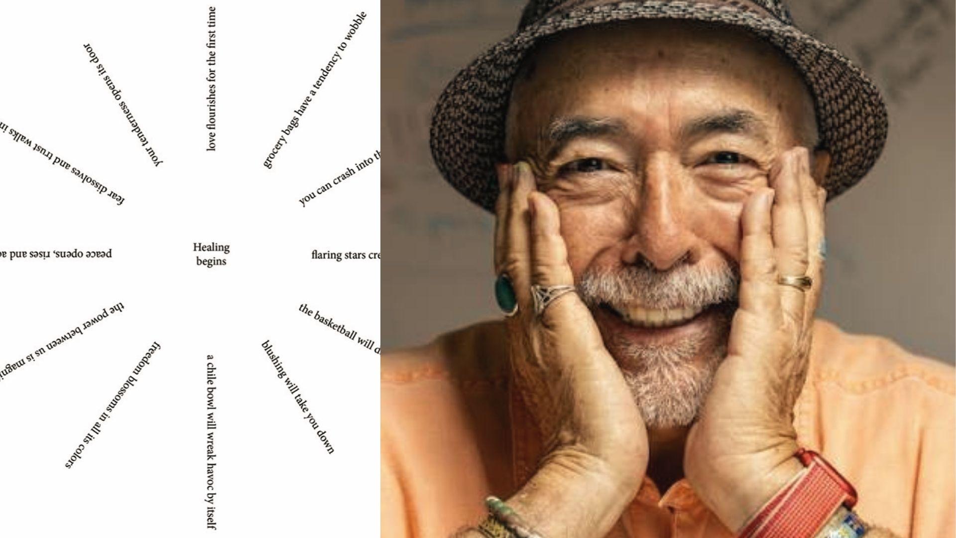 Circular "Plan Wheel" concrete poem with action words beside a man in denim shirt smiling.