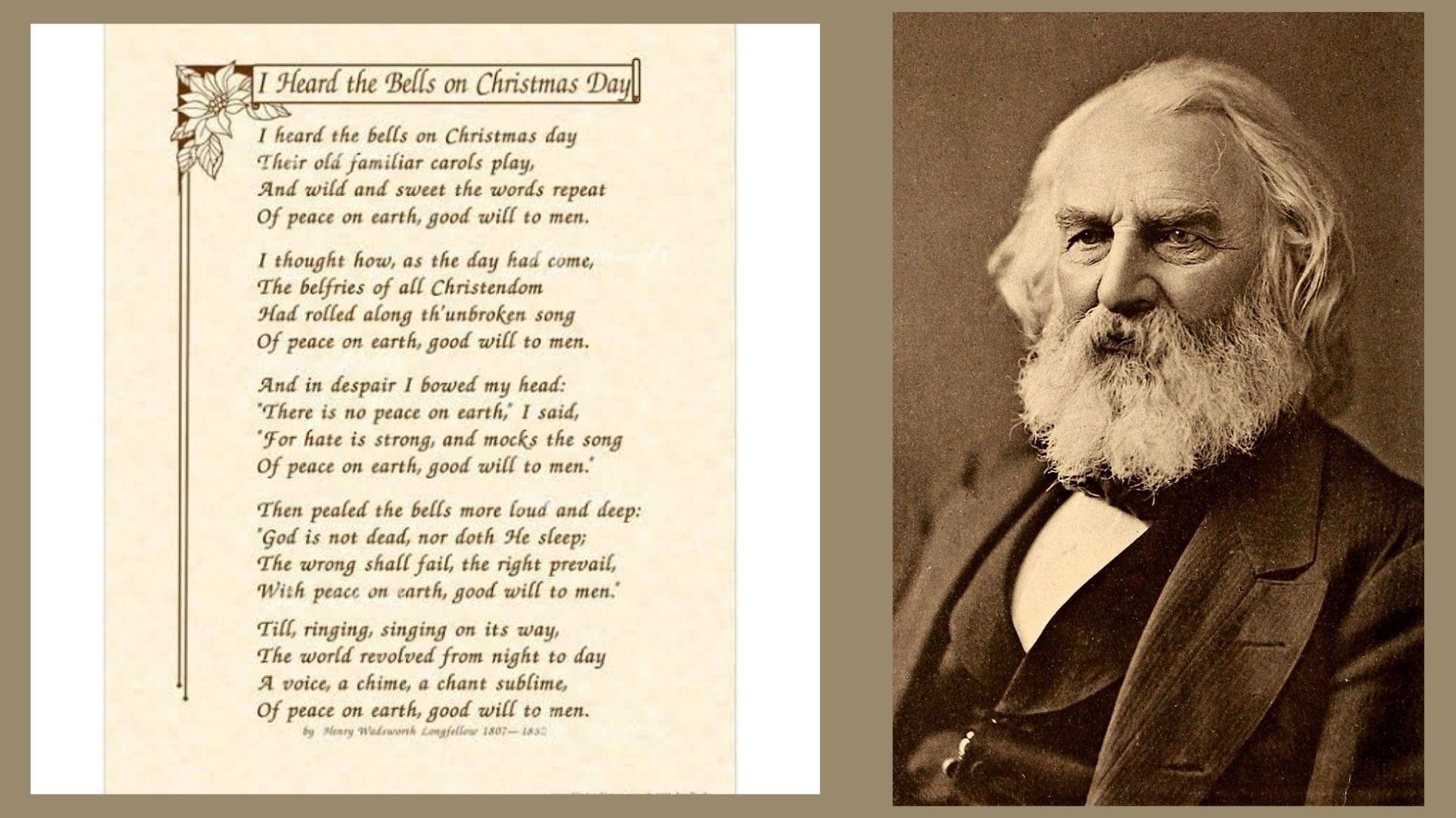 I Heard the Bells on Christmas Day poem beside sepia portrait of Henry Wadsworth Longfellow.