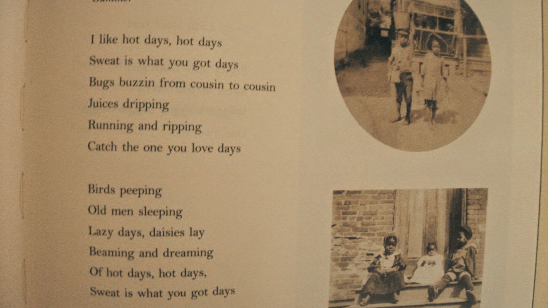 Left side shows a poem about hot summer days with lines like "Sweat is what you got days" and "Bugs buzzin from cousin to cousin".