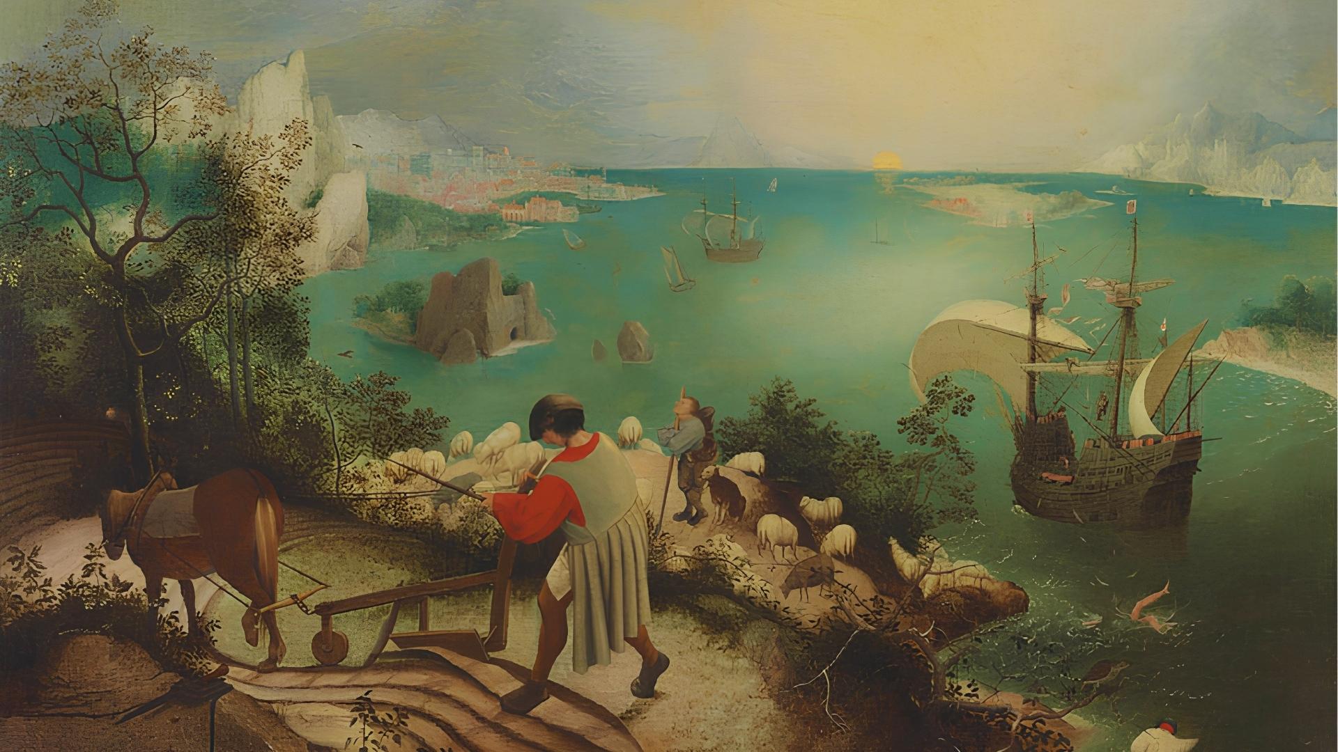 Renaissance painting of farmer ploughing, shepherd, and ship at sea with tiny legs of Icarus splashing.
