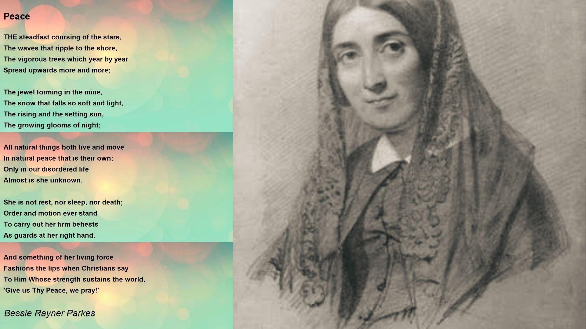 Bessie Rayner Parkes engraved portrait beside her poem 'Peace' written in quatrain stanzas about nature.