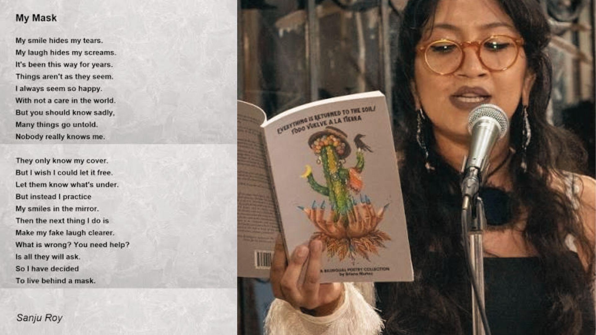 Sanju Roy's 'My Mask' poem in quatrains beside poet reading bilingual book at microphone.