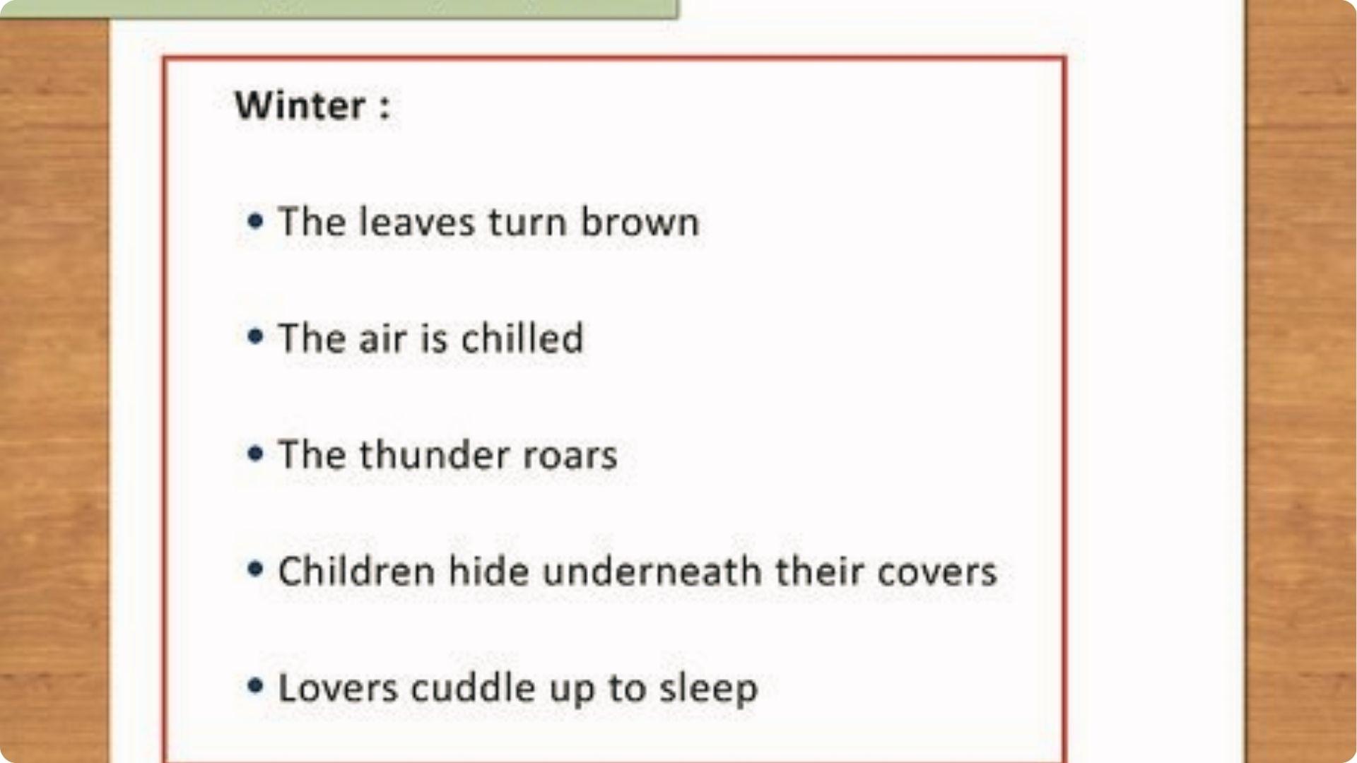 Winter quatrain poem slide listing leaves, air, thunder, children, lovers on wooden background page.