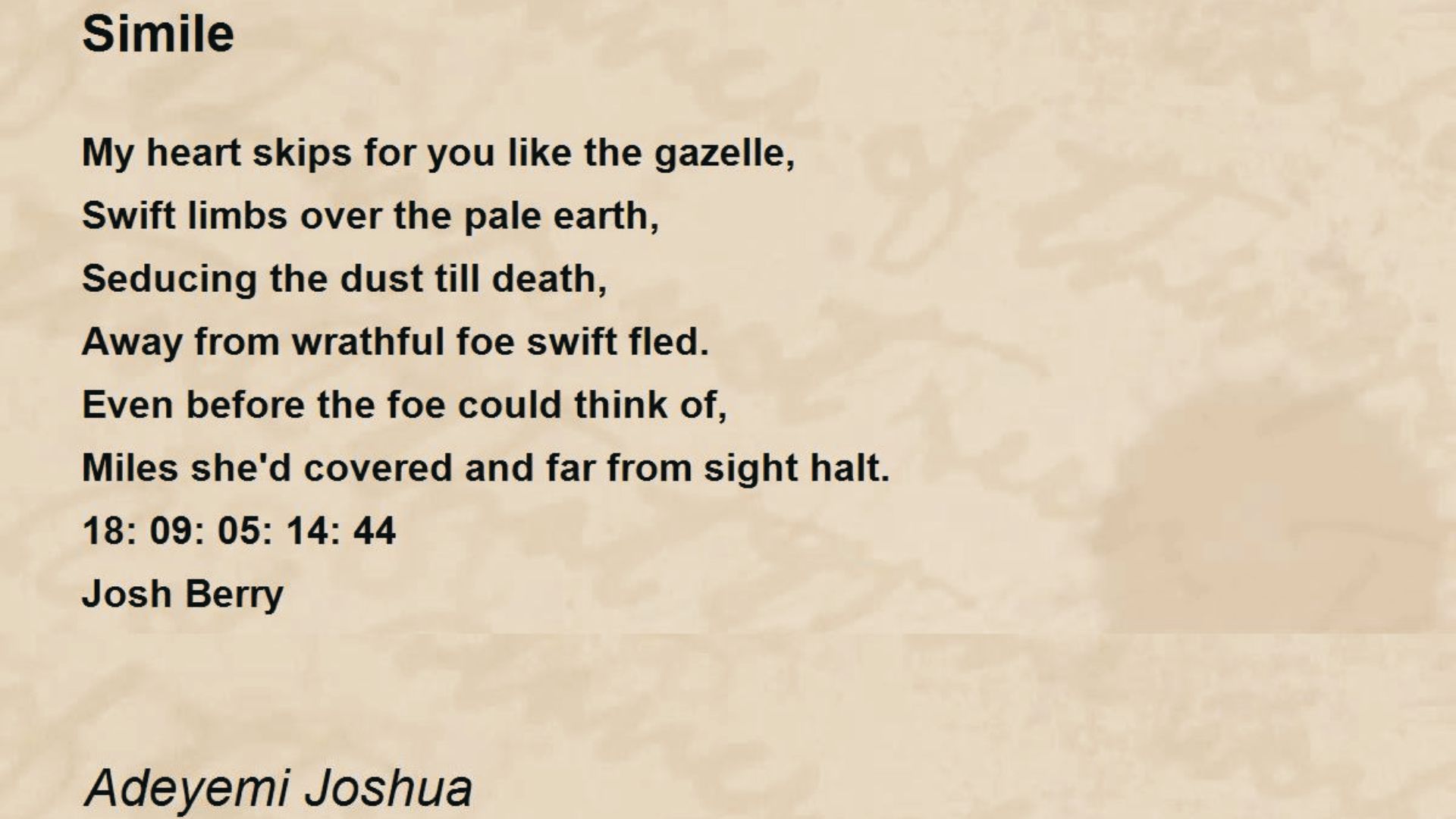 Tan slide with a “Simile” poem by Adeyemi Joshua, starting “My heart skips for you like the gazelle”.