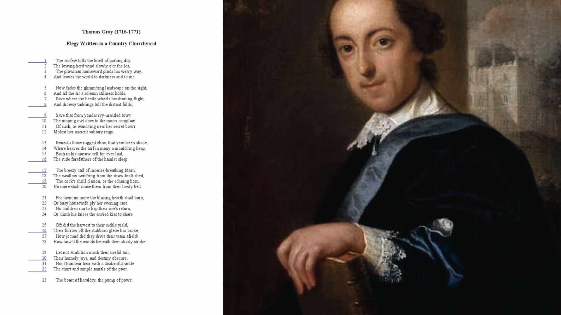 Thomas Gray portrait in blue robe beside 'Elegy Written in a Country Churchyard' quatrain poem text.