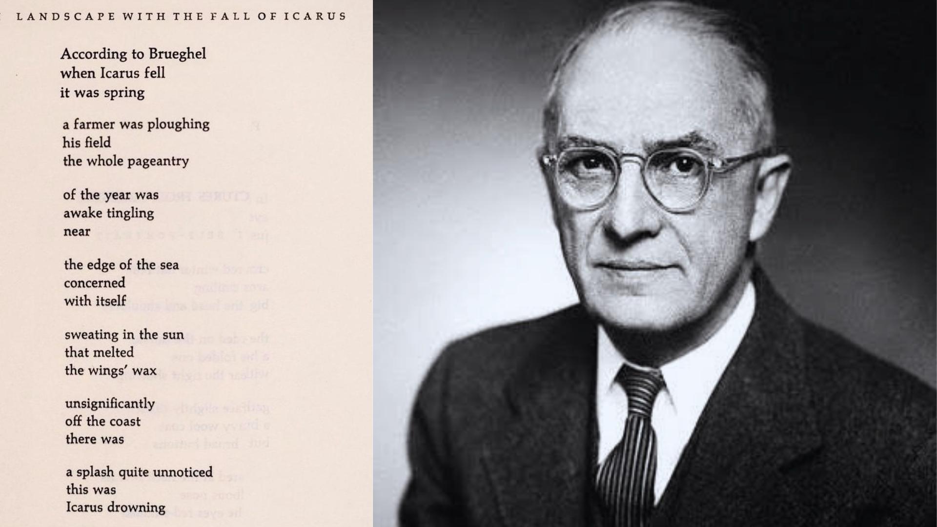 Split image shows William Carlos Williams poem text beside black and white portrait of poet in suit.