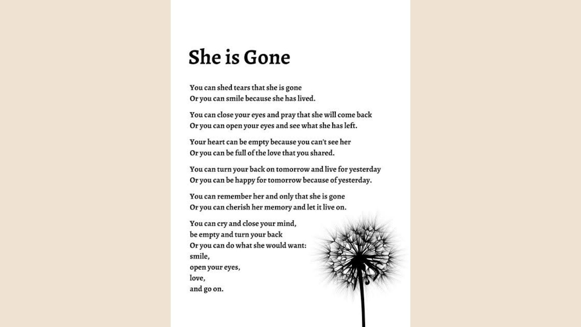 She Is Gone is one of the best Best Sympathy Poems for Every Loss