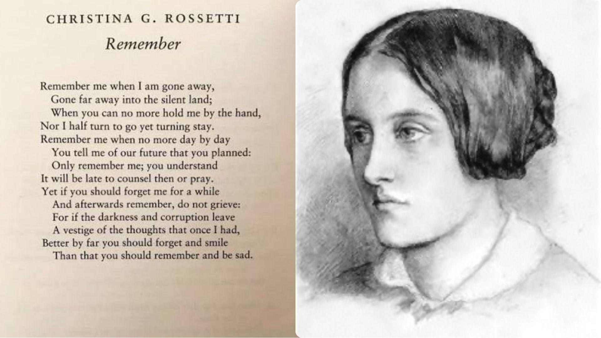 Split-view collage of the poem “Remember Me” and the poet Christina Rossetti.