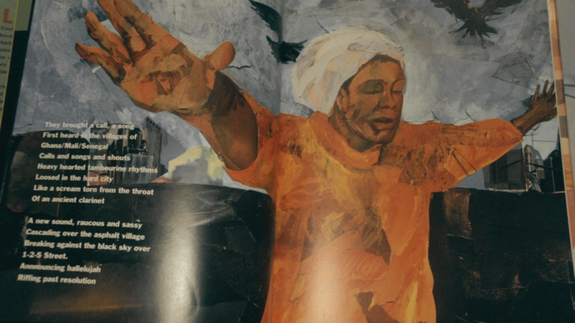 A painted illustration of a woman in an orange dress and white headscarf with arms outstretched, birds flying above city buildings.