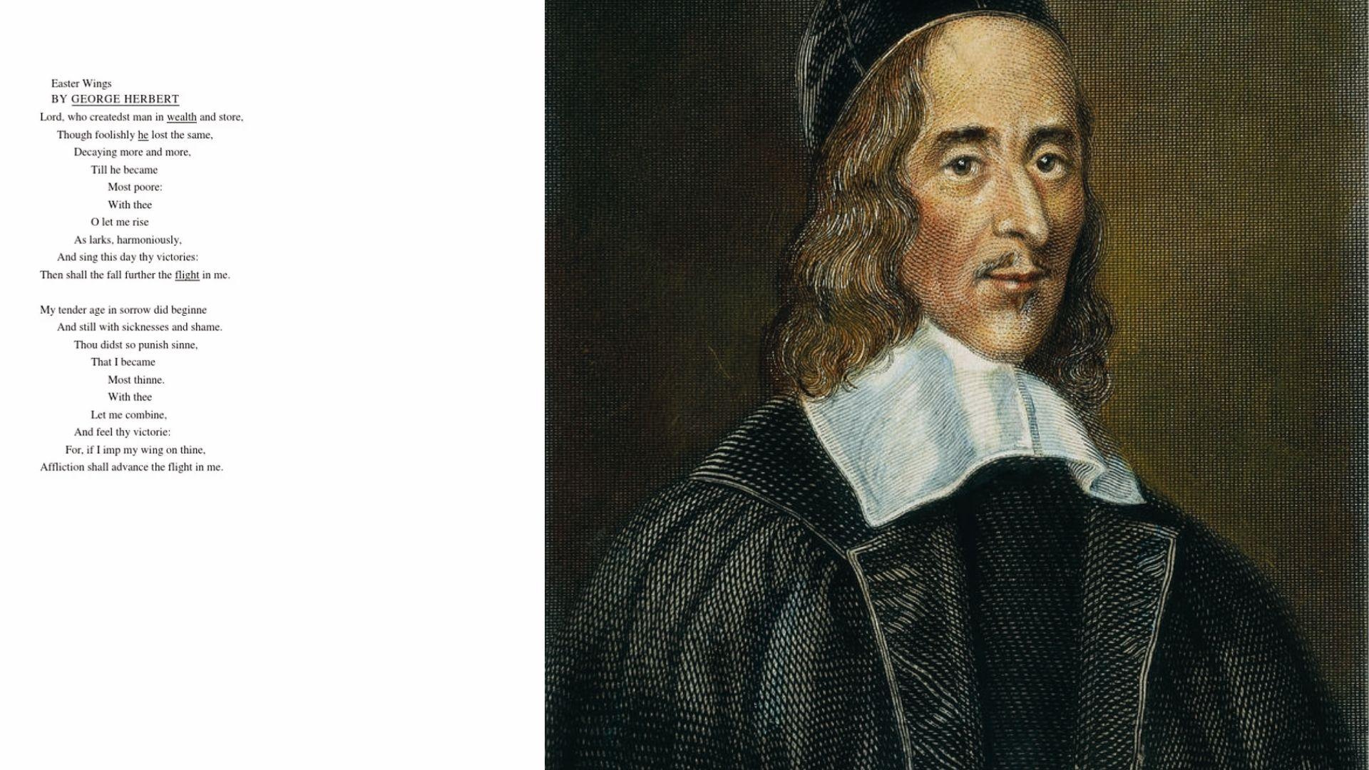 George Herbert's "Easter Wings" poem arranged as two wing shapes beside painted portraits.