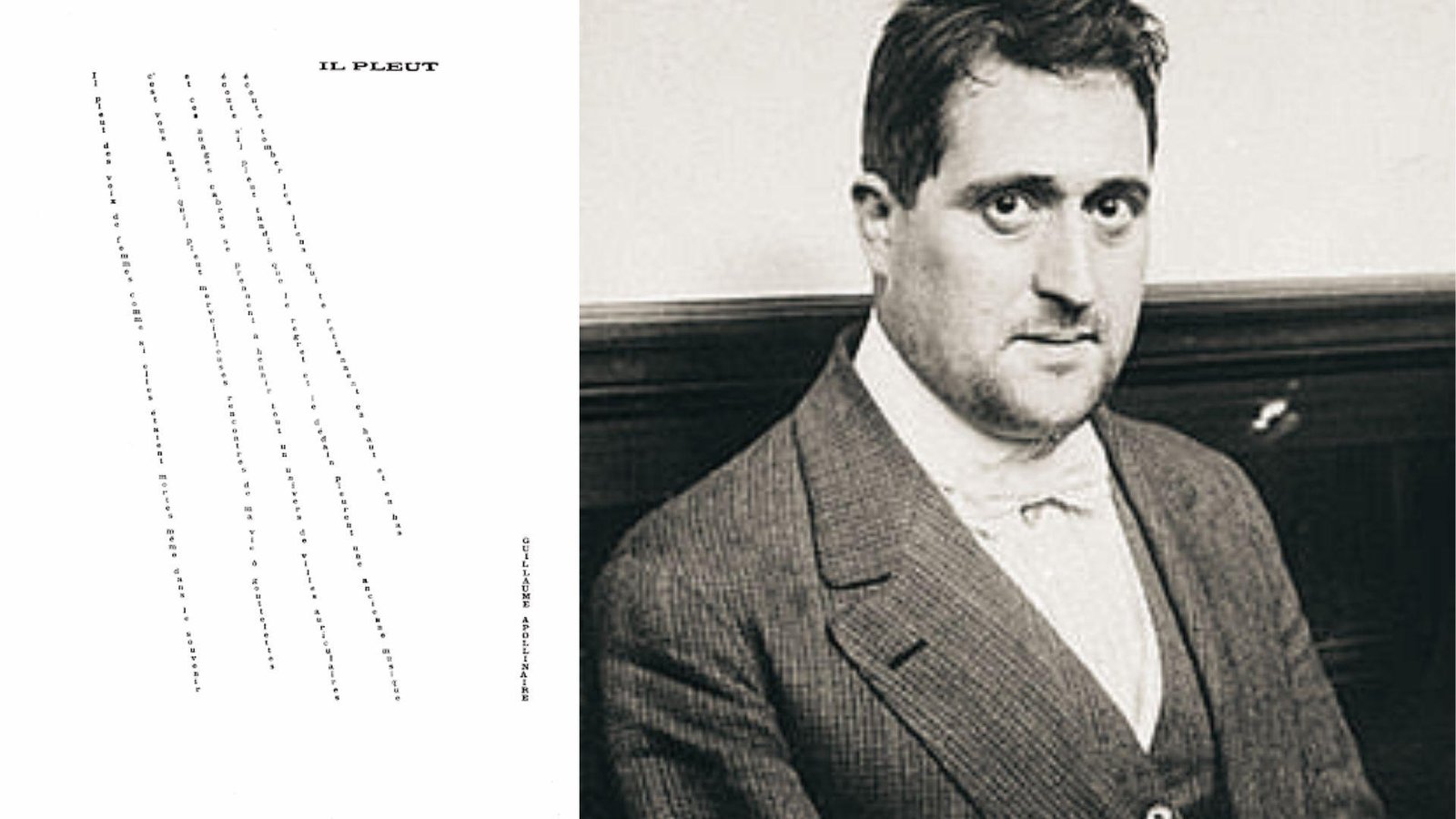 Guillaume Apollinaire's "Il Pleut" rain poem with diagonal text lines beside poet portraits.