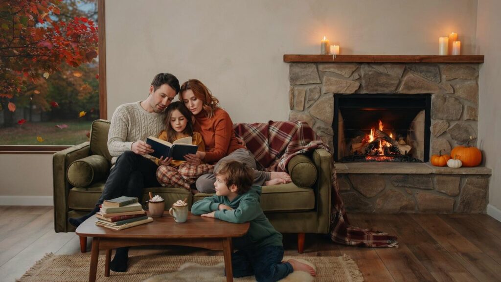 Family reading autumn poems together beside a cozy fireplace with colorful fall decorations.